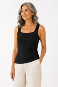 Woman wearing the Faye Built-In Support Tank in Black