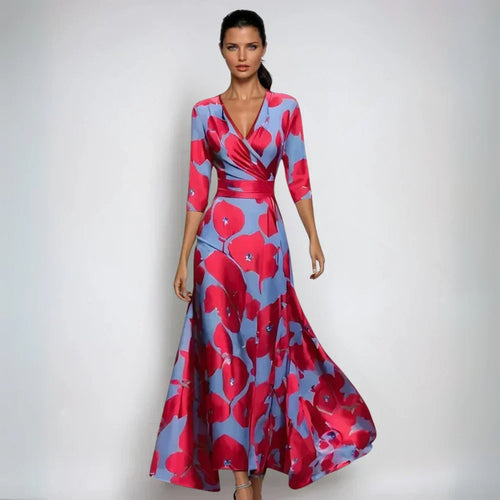 Eliana Elegant Floral A-Line Dress in Blue/Red