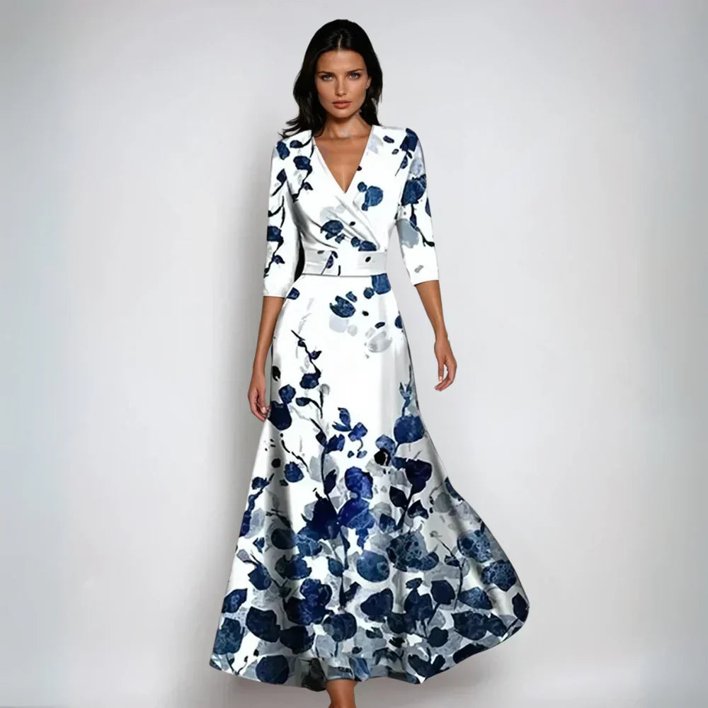 Eliana Elegant Floral A-Line Dress in White/Blue