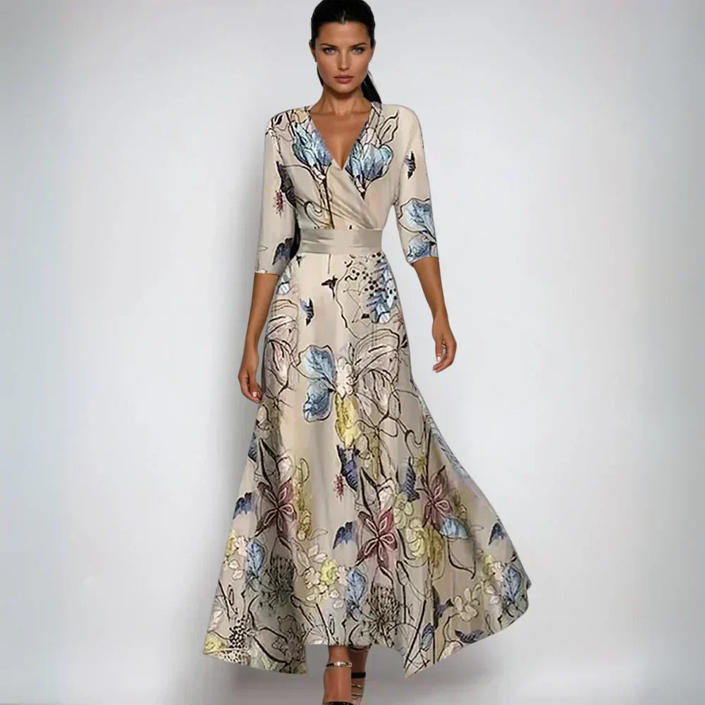 Eliana Elegant Floral A-Line Dress in Sand/Beige
