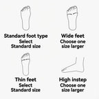 Foot type guide for the Sianna boots: standard, wide, thin and high instep