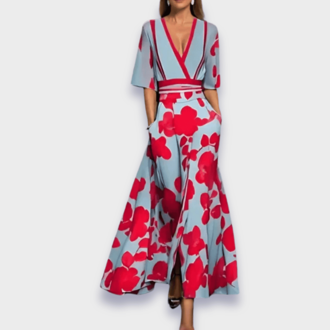 Eliana Elegant Floral A-Line Dress in Red/Blue