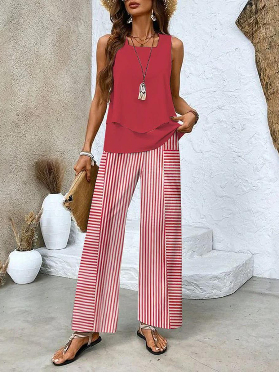 Zoe Two-Piece Set in Red with striped wide-leg pants