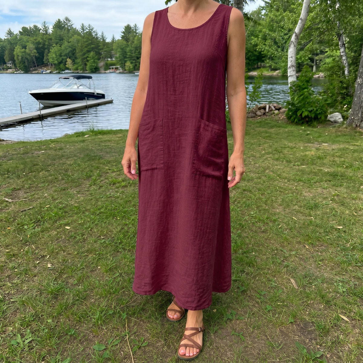 Hazel Linen Maxi Dress in burgundy – Golden Hour Wardrobe