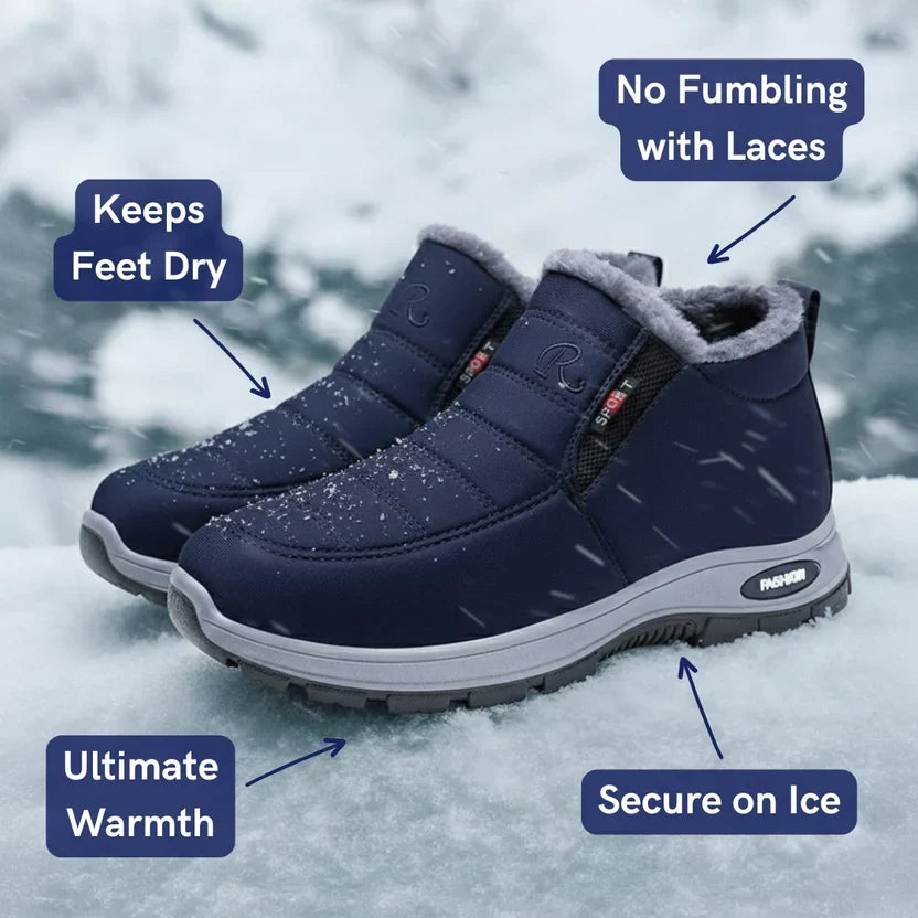 Sianna boot in Blue in the snow, with its main features called out