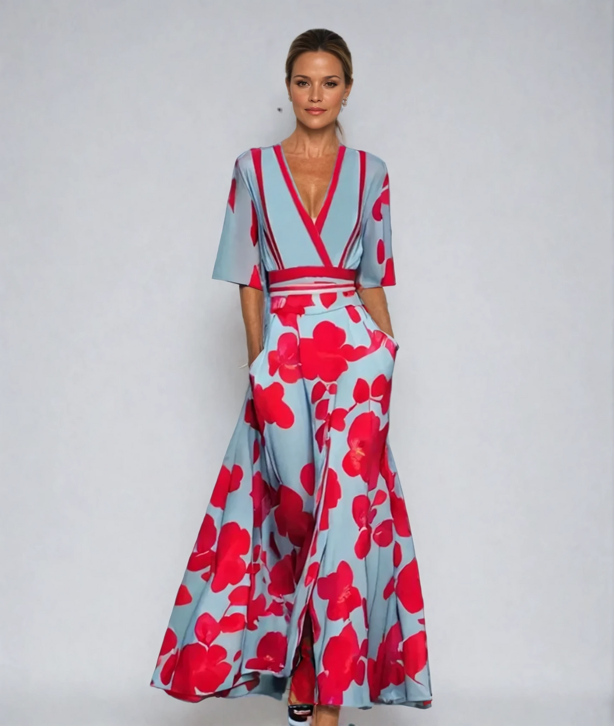 Eliana Elegant Floral A-Line Dress in Blue/White