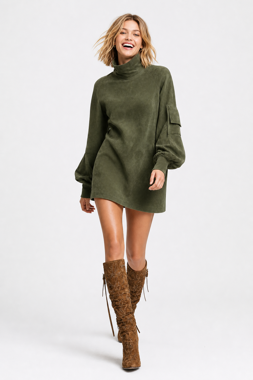Amelia | Women's Oversized Turtleneck Suede Mini Dress with Cargo Pockets
