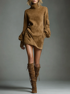 Amelia | Women's Oversized Turtleneck Suede Mini Dress with Cargo Pockets