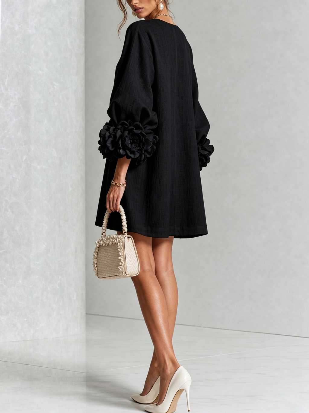 White Floral Button-down Mini Dress With Striking Floral Cuffs