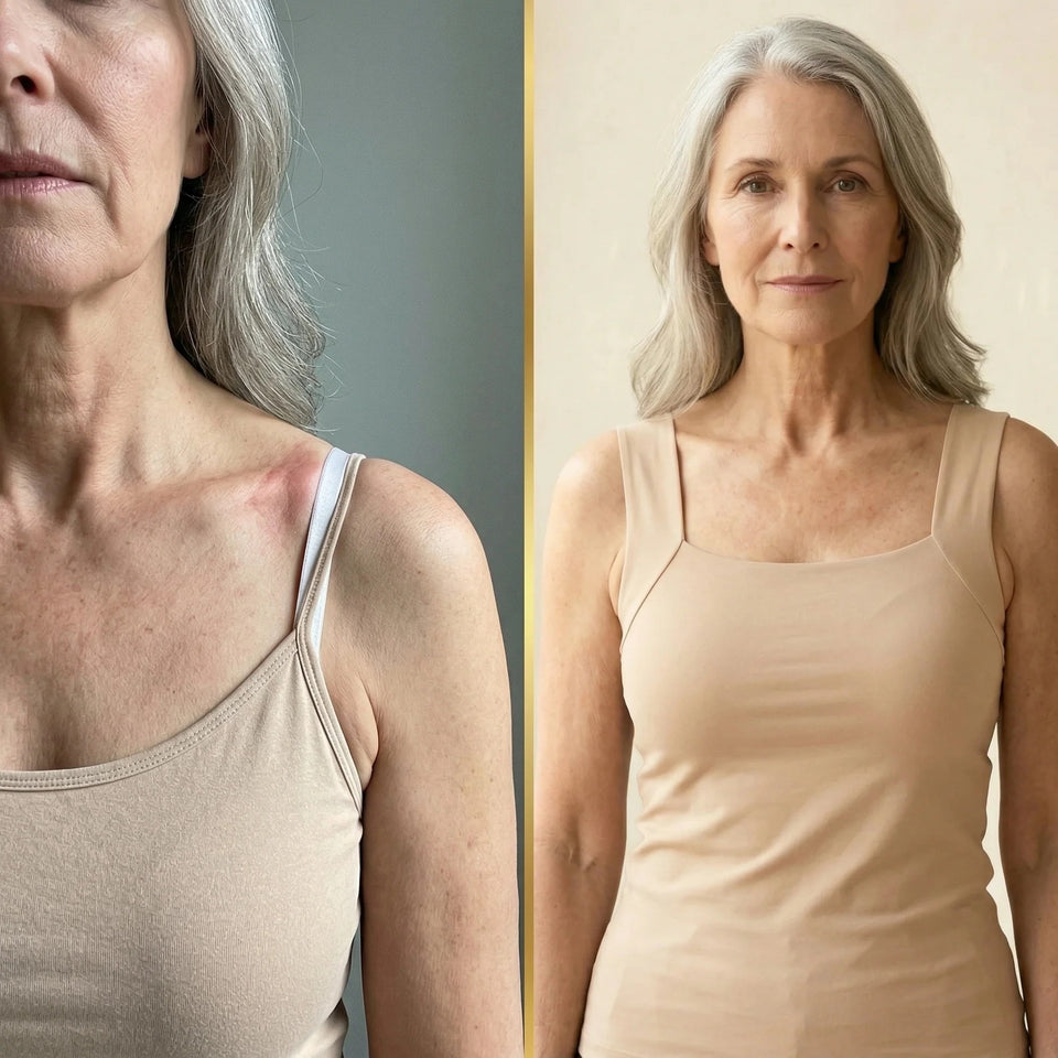 Left, a narrow bra strap sitting in a red groove on the shoulder. Right, the same woman in the Faye tank, the wide strap lying flat on the shoulder.