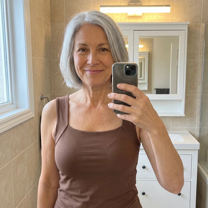 A woman with a grey bob wearing the Faye Built-In Support Tank in Coffee, photographed at home