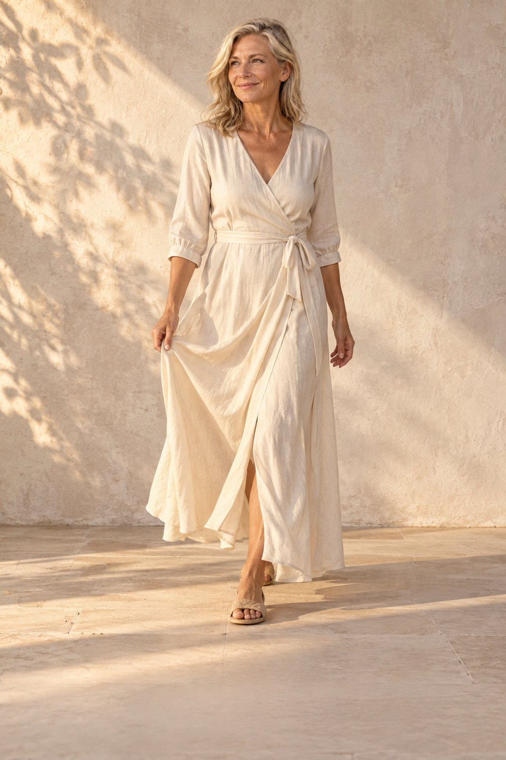 A woman walking in a long cream wrap dress beside a sunlit plaster wall