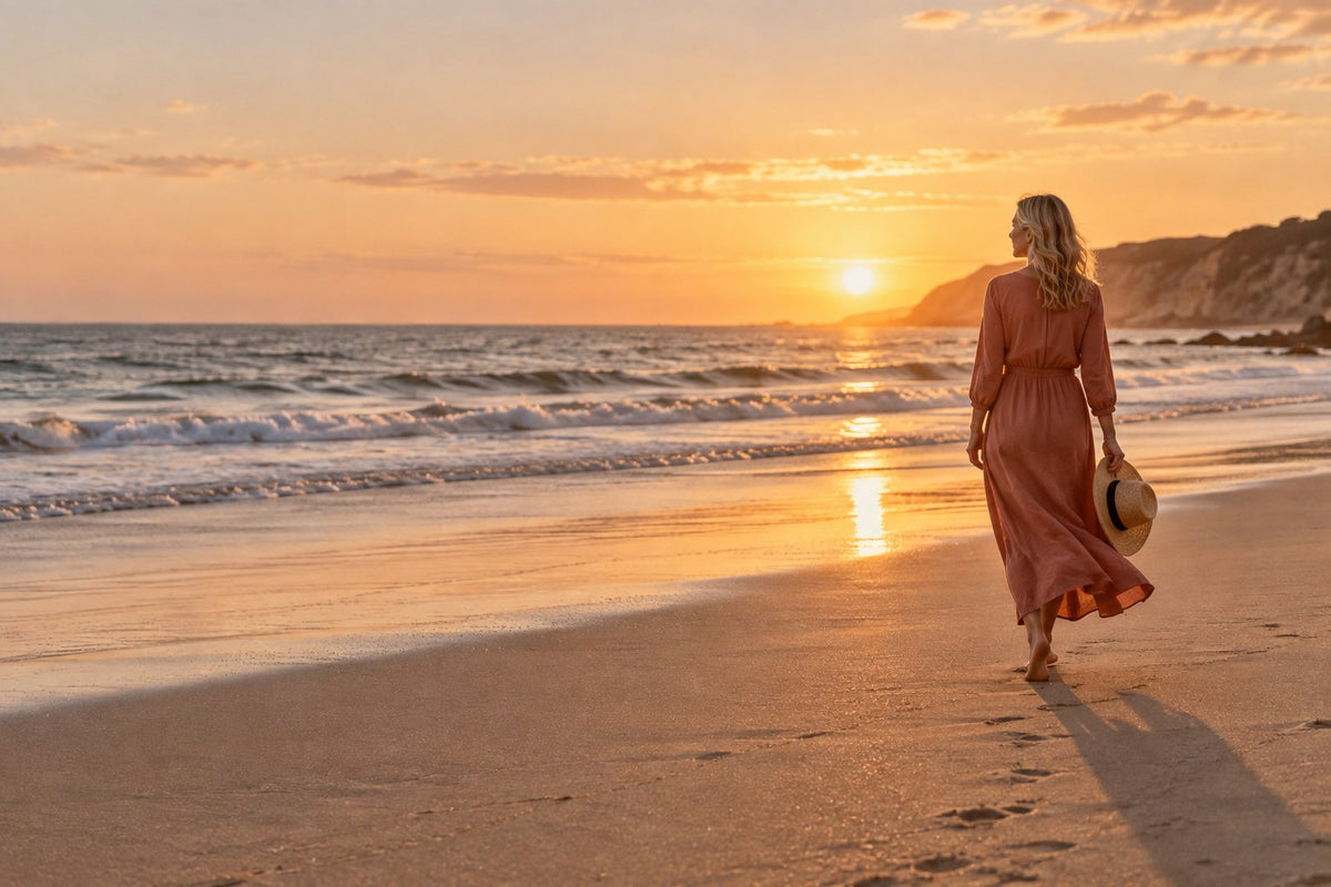 A woman in a terracotta dress walking away along the shoreline at sunset, the sun low over the sea