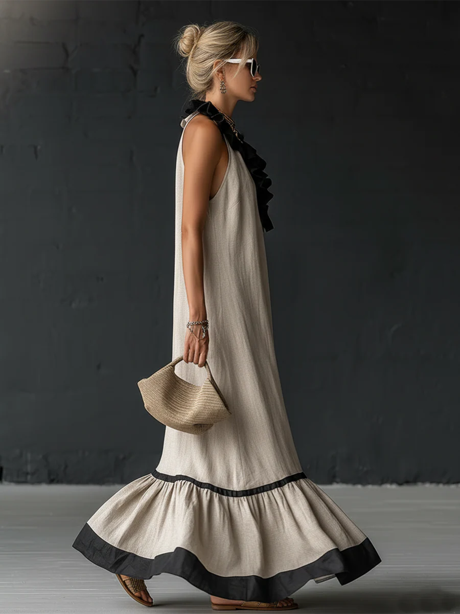 Nathalie Ruffle Maxi Dress in Sand, side view
