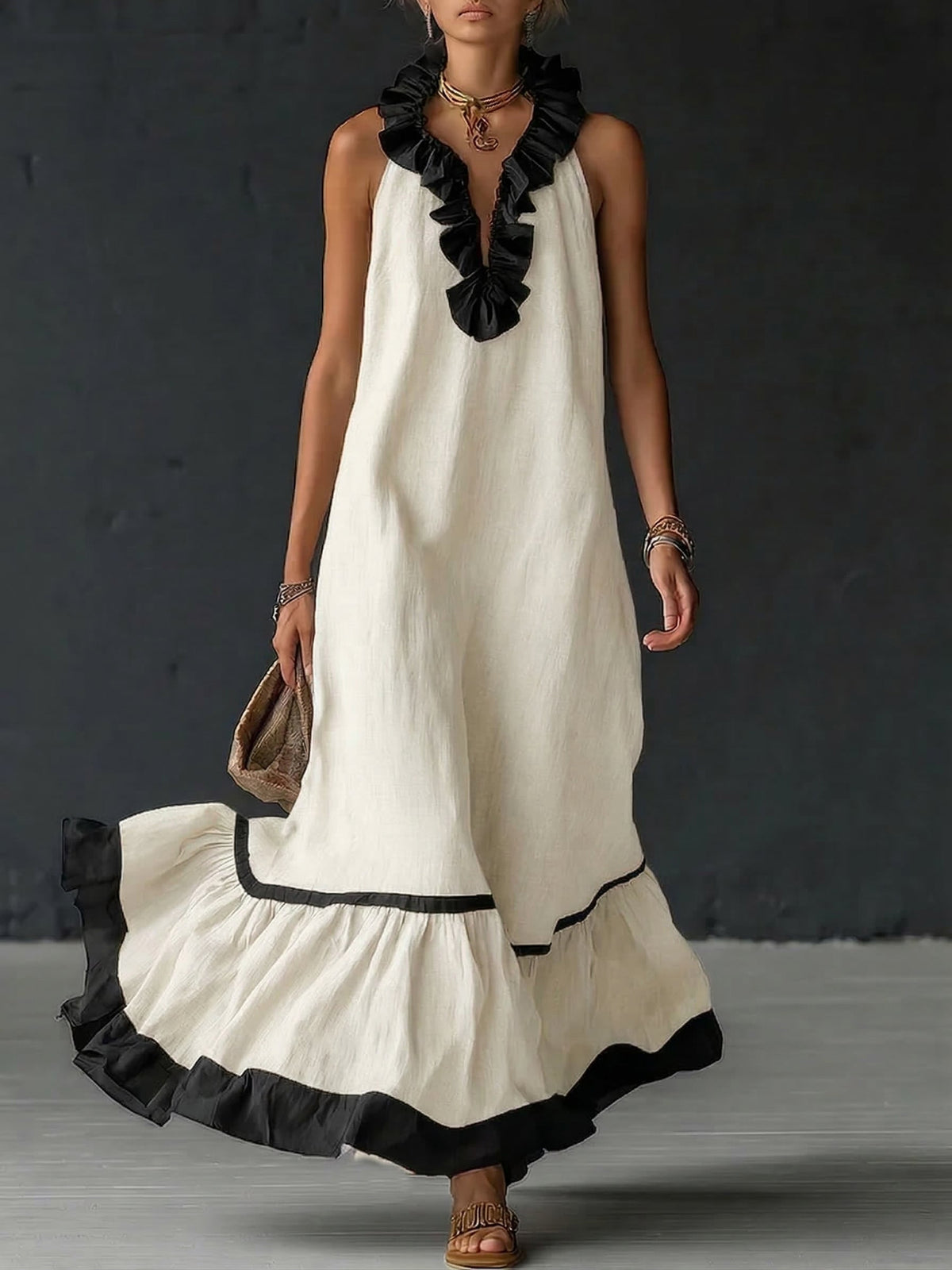 Nathalie Ruffle Maxi Dress in White