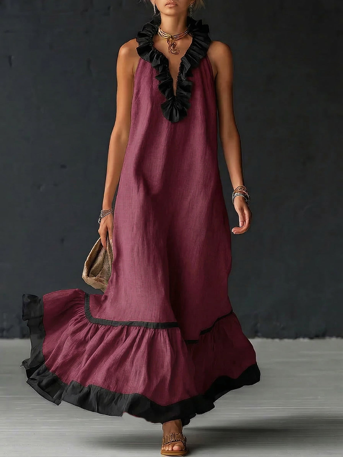 Nathalie Ruffle Maxi Dress in Wine