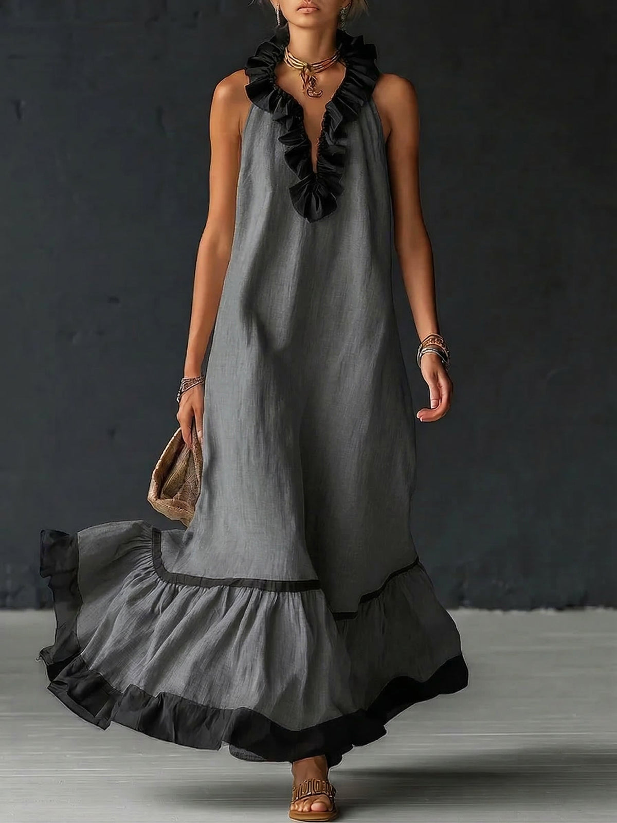 Nathalie Ruffle Maxi Dress in Grey
