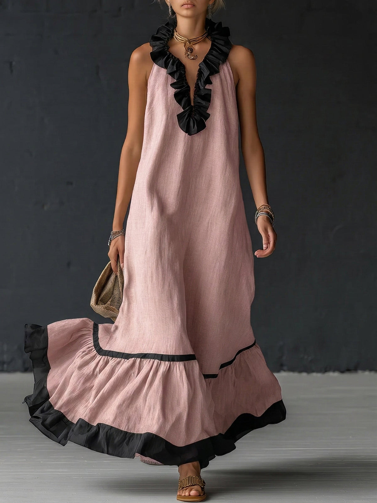 Nathalie Ruffle Maxi Dress in Pink
