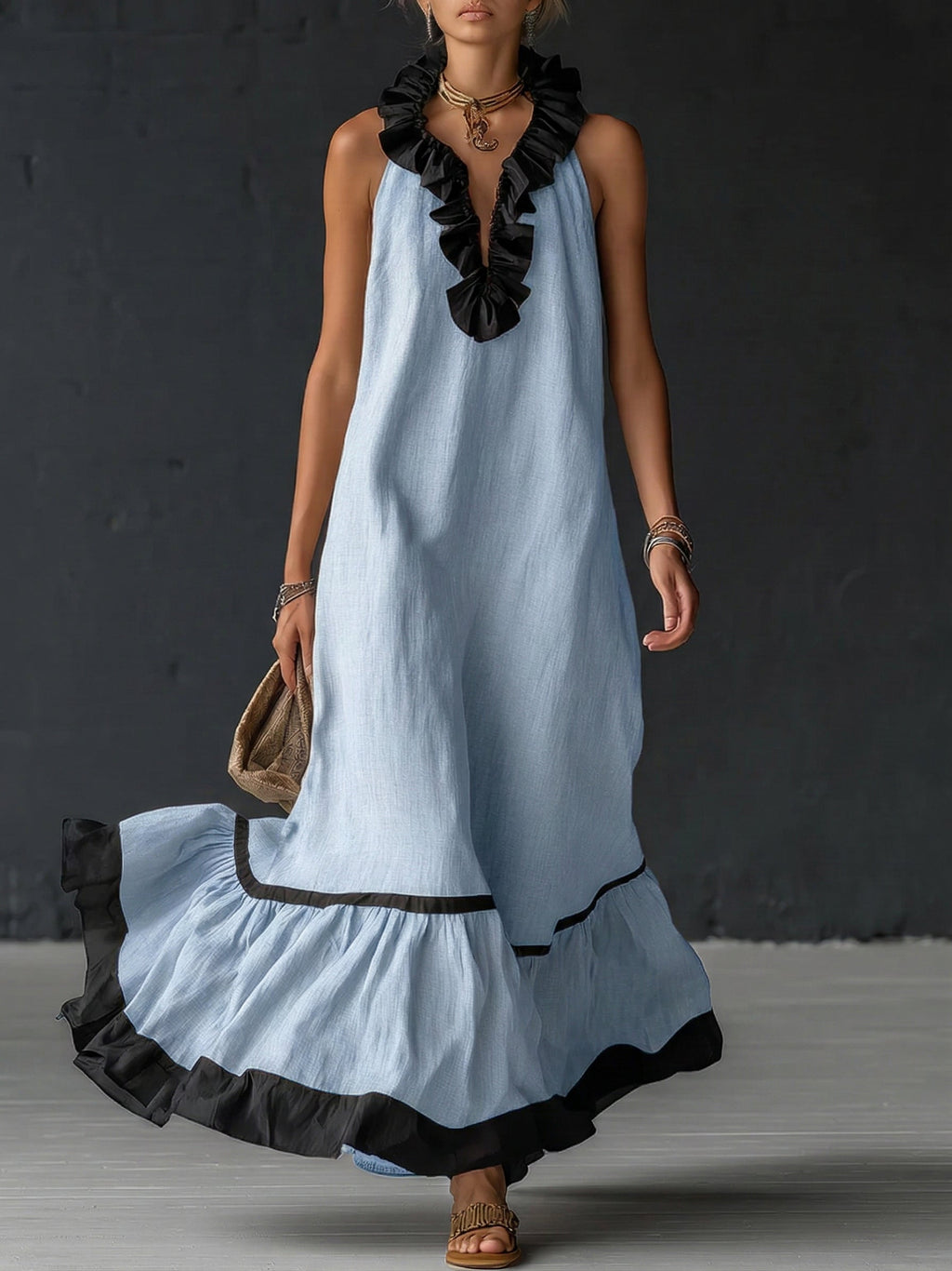 Nathalie Ruffle Maxi Dress in Blue