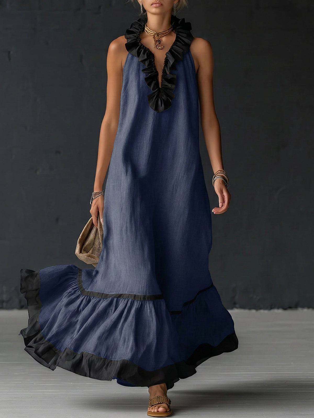 Nathalie Ruffle Maxi Dress in Navy
