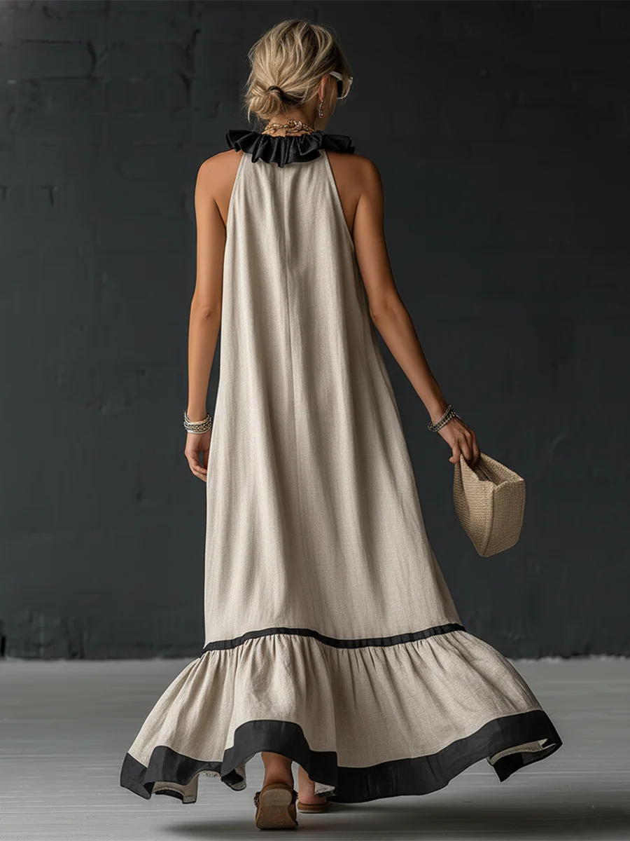Nathalie Ruffle Maxi Dress in Sand, back view